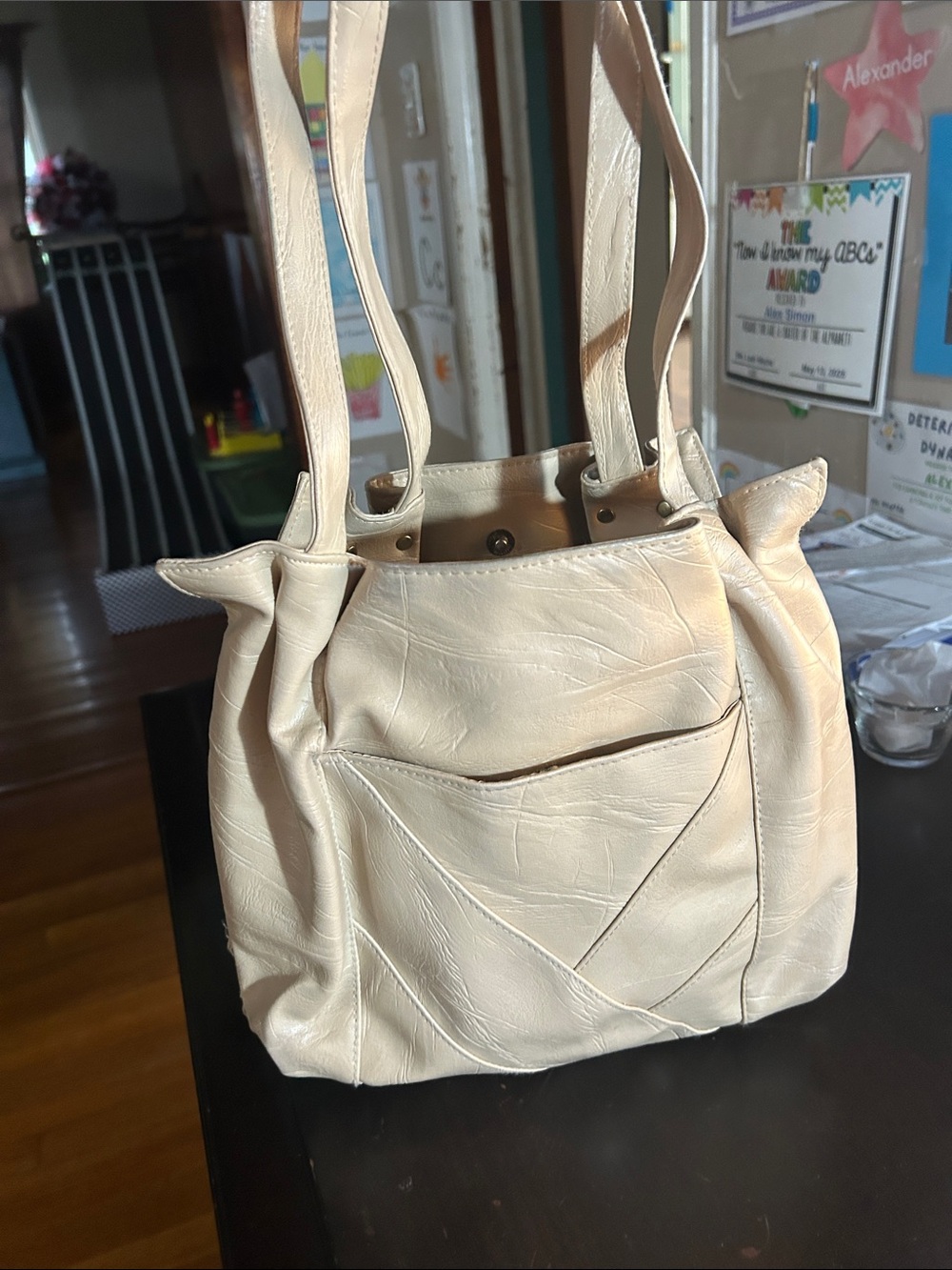 Vintage Cream Faux Leather Tote Bag - Stylish Everyday Shoulder Bag